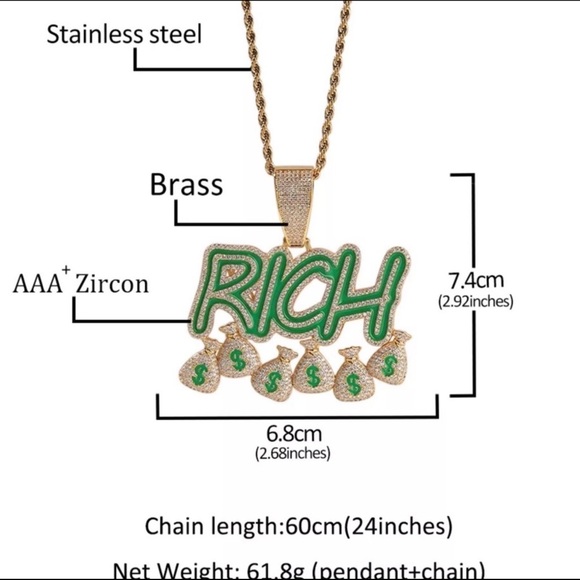 🔥CZ DIAMOND Gold Plated Glows In Dark RICH Money Bag $ Pendant+Chain 24INCH - Picture 2 of 4